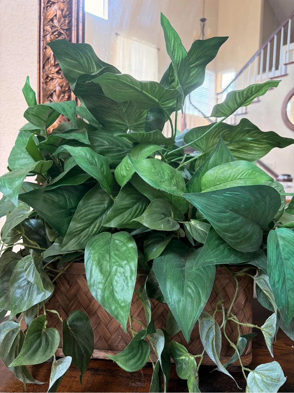 Artificial Green Leaf Pothos in Woven Planter - Green